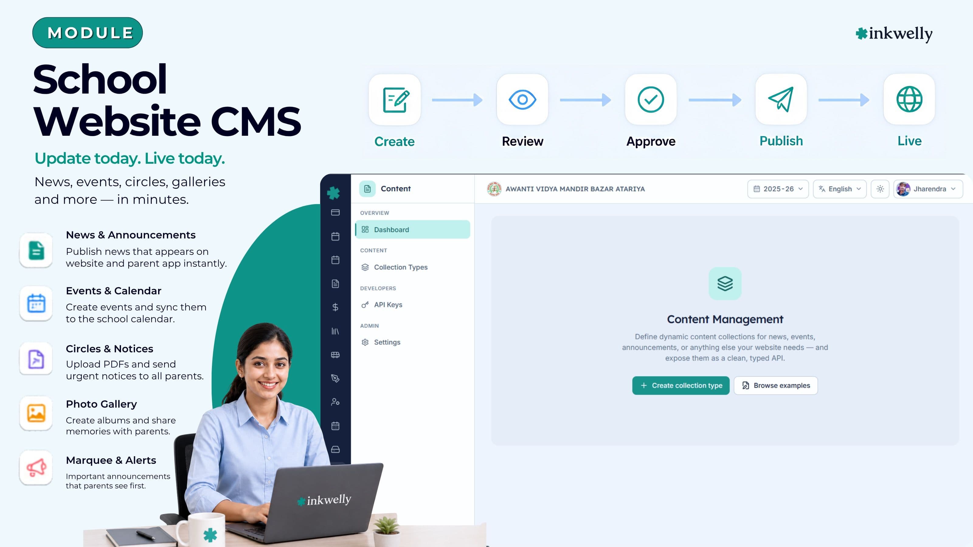 Modern school CMS dashboard interface