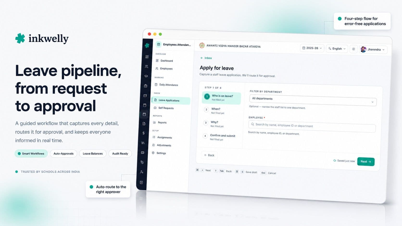 Leave pipeline card with 18 leave applications across CL EL ML LWP RH categories pending and approved
