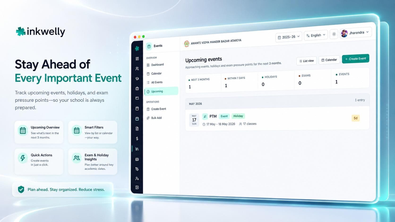 Upcoming events timeline grouped by month with countdown badges