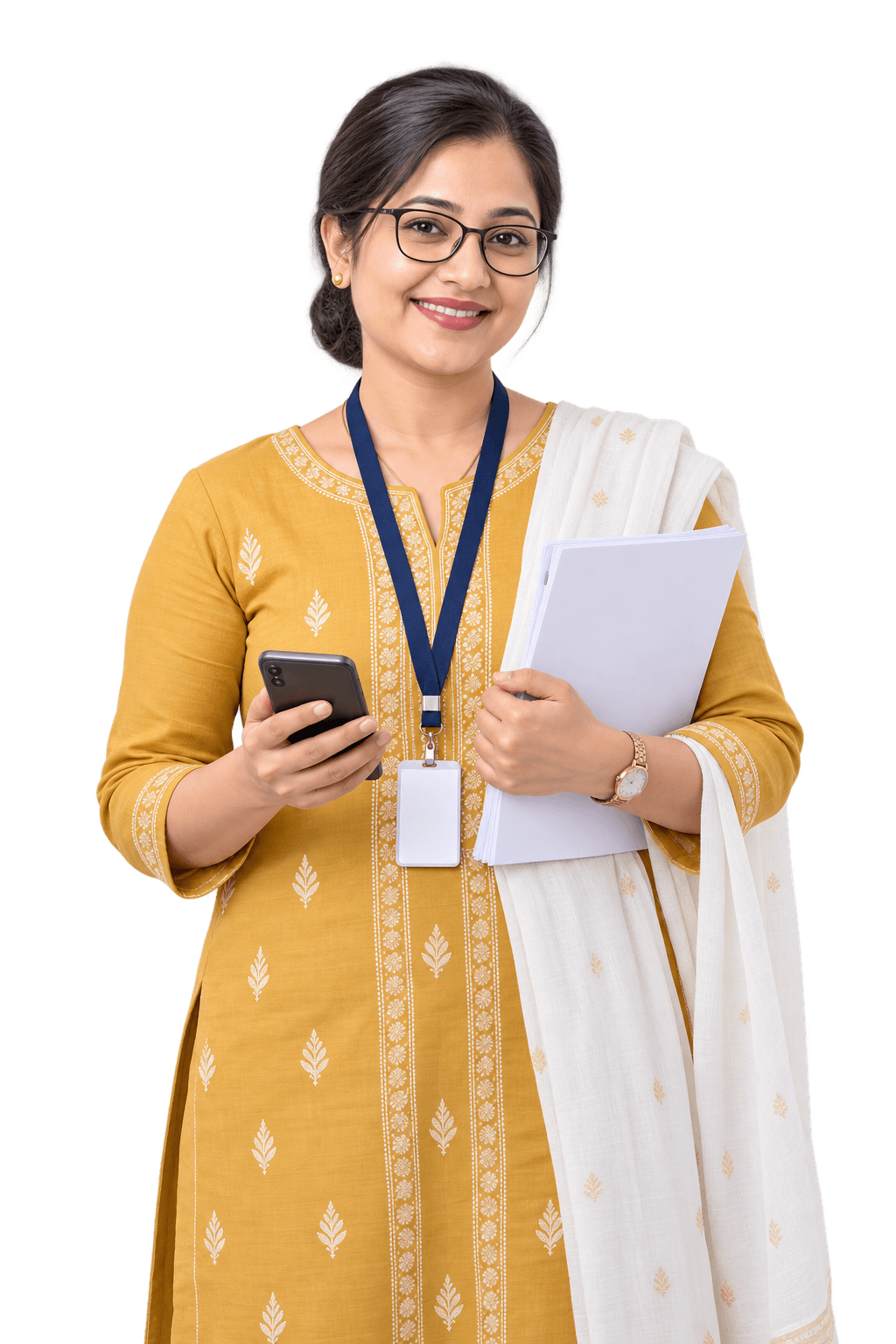 School accountant in a mustard kurta holding a printed day book and her phone