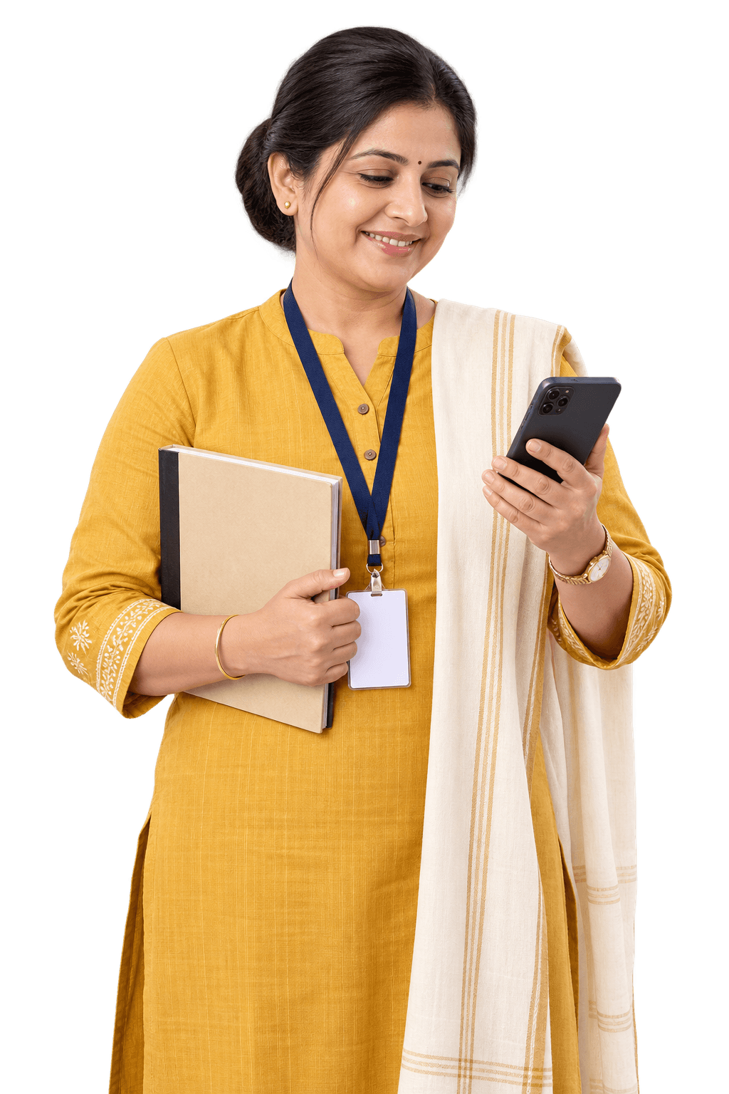 Accounts head in a mustard cotton kurta with a staff ID lanyard, holding a receipt book and checking her phone