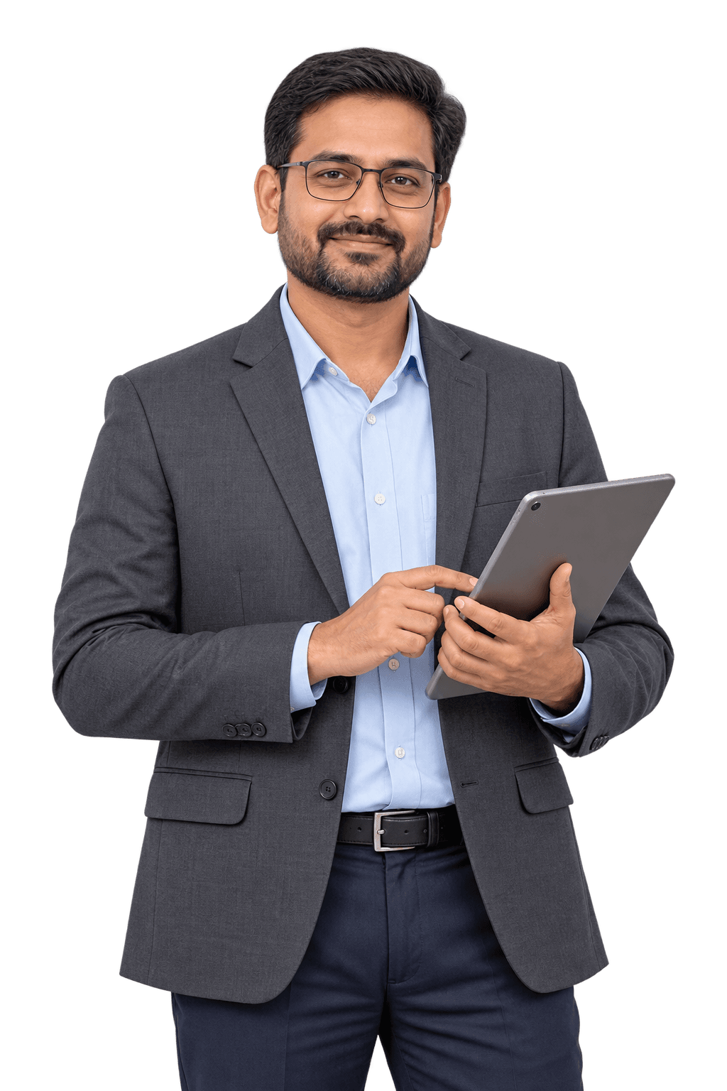 Grey blazer में school accountant, हाथ में tablet