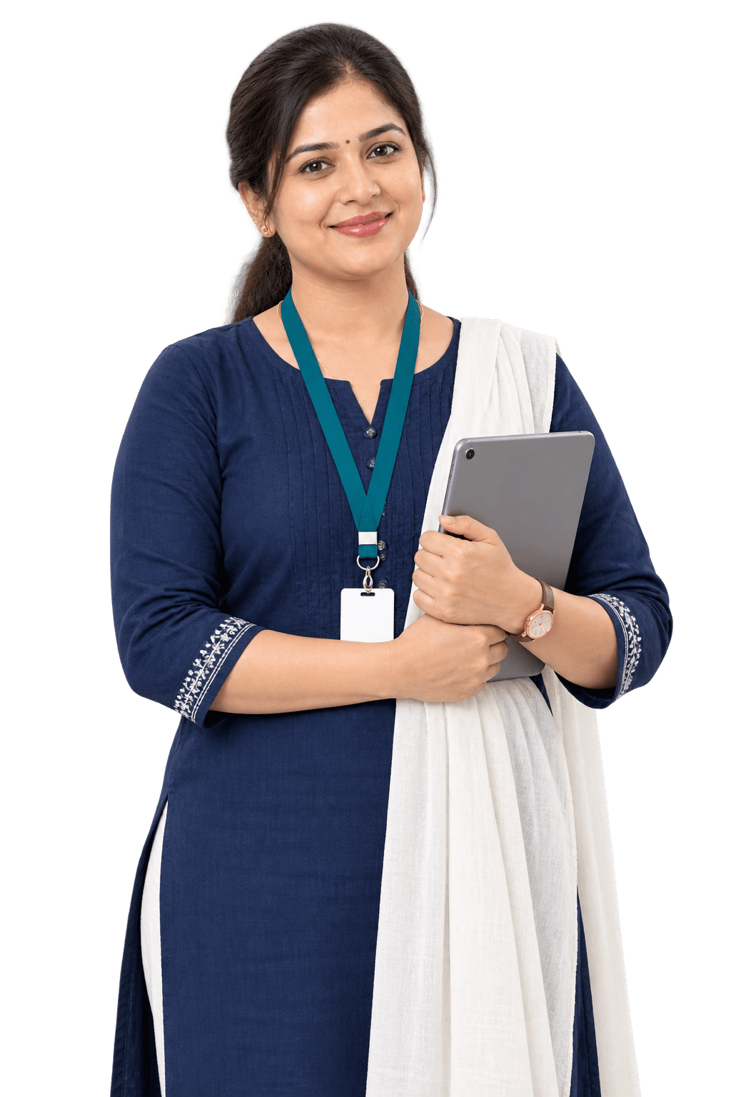 School administrator in a navy kurta with a staff ID lanyard, holding a tablet and smiling