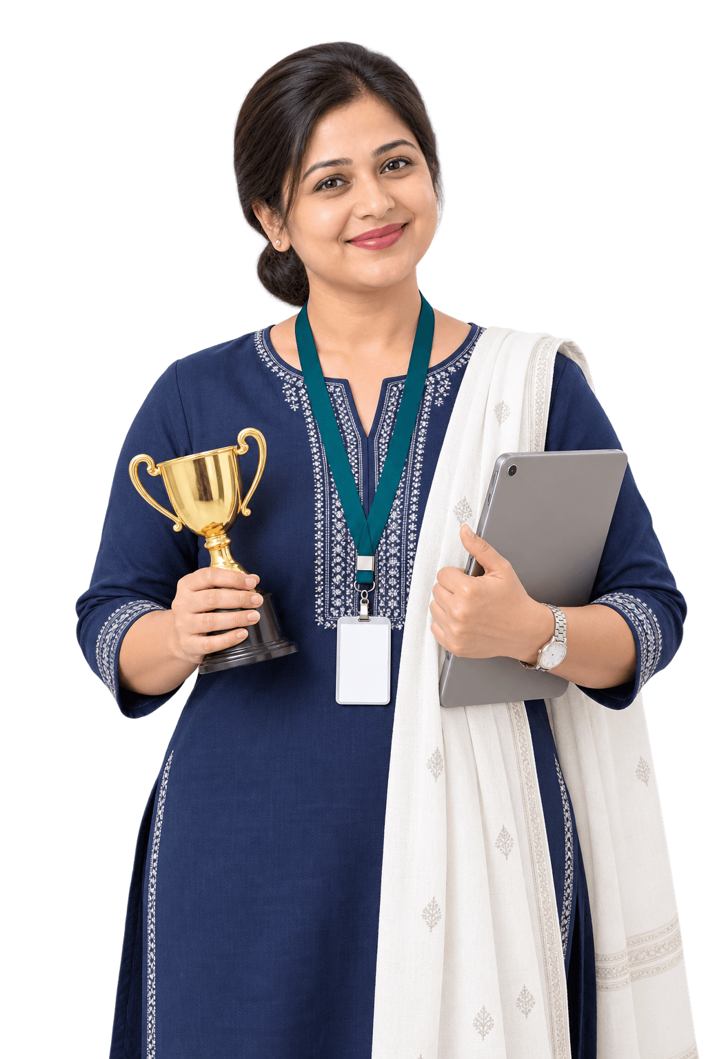 Activity coordinator in a navy kurta with a staff ID lanyard, holding a house trophy and a tablet