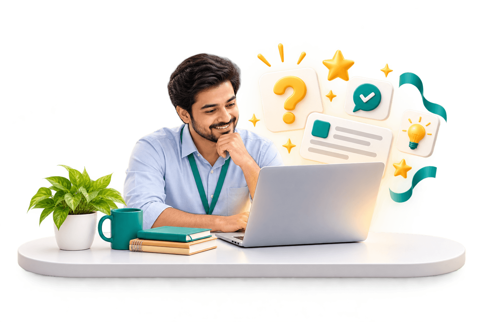 A smiling principal finding answers on his laptop