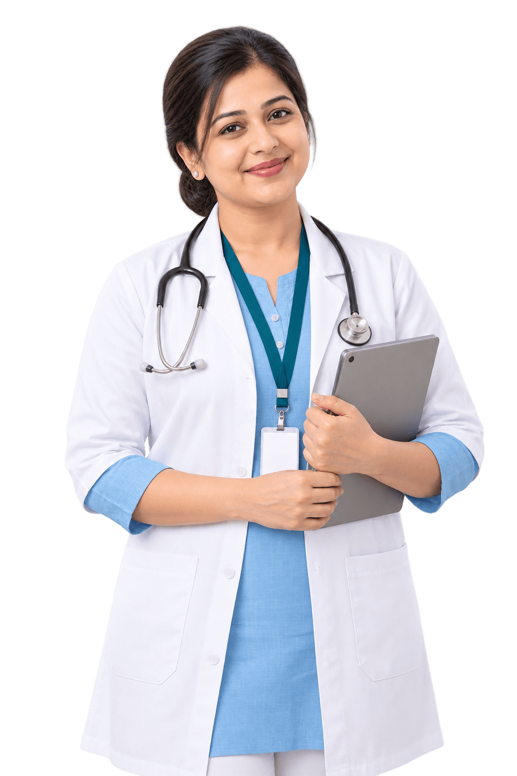 School nurse in a white coat over a sky-blue kurta, a stethoscope round her neck, holding a tablet