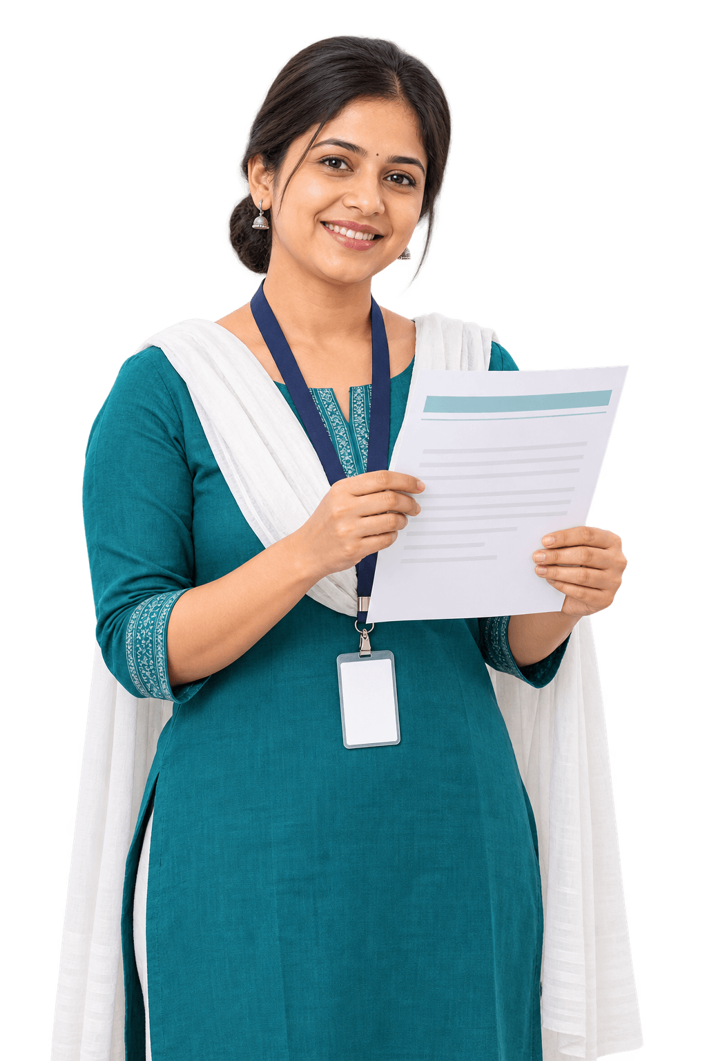 Smiling school office assistant in a teal kurta holding a freshly printed letter on the school's letterhead