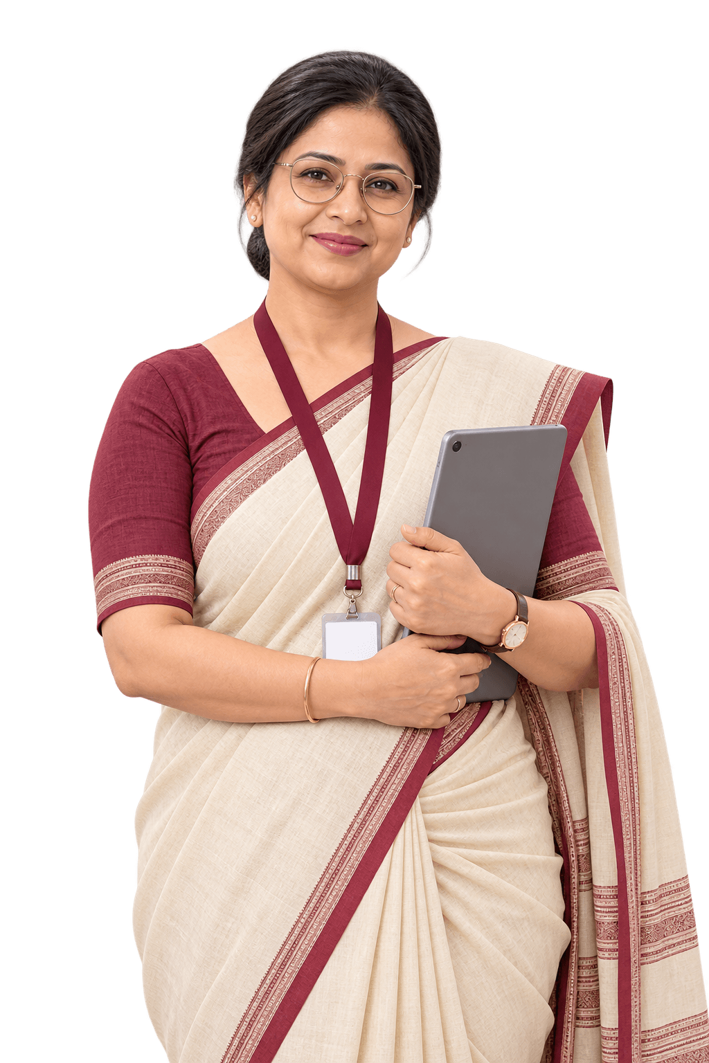 School counsellor in a cream saree with a staff ID lanyard, holding a tablet, calm and attentive