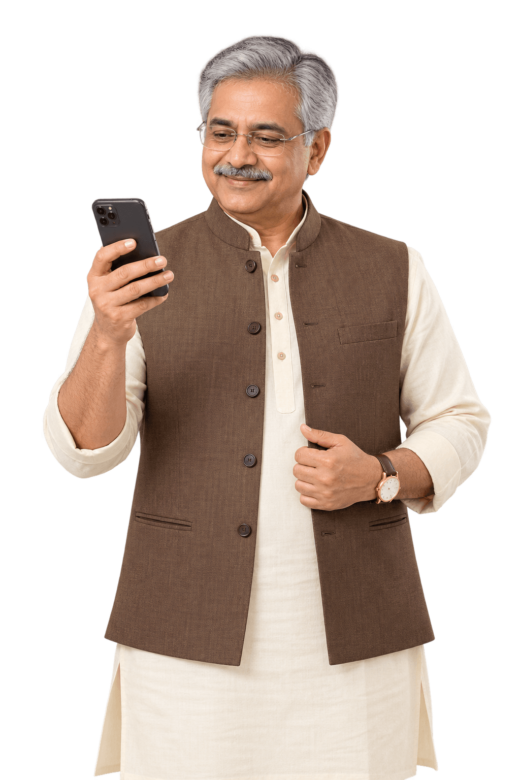 Senior school trustee in a cream kurta and brown Nehru jacket reading the school's evening report on his phone