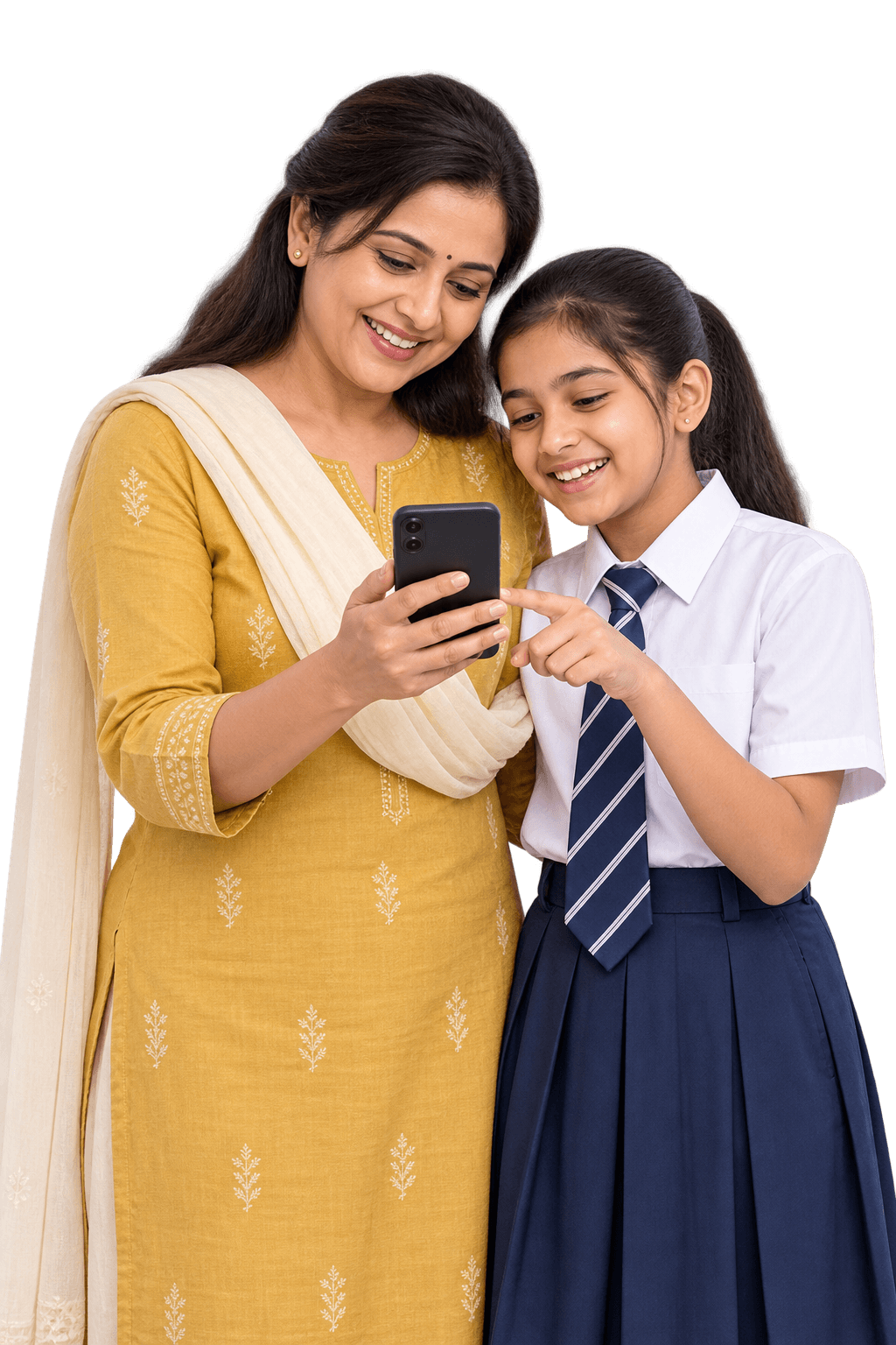Indian mother and her school-going daughter reading study material on a phone together at home