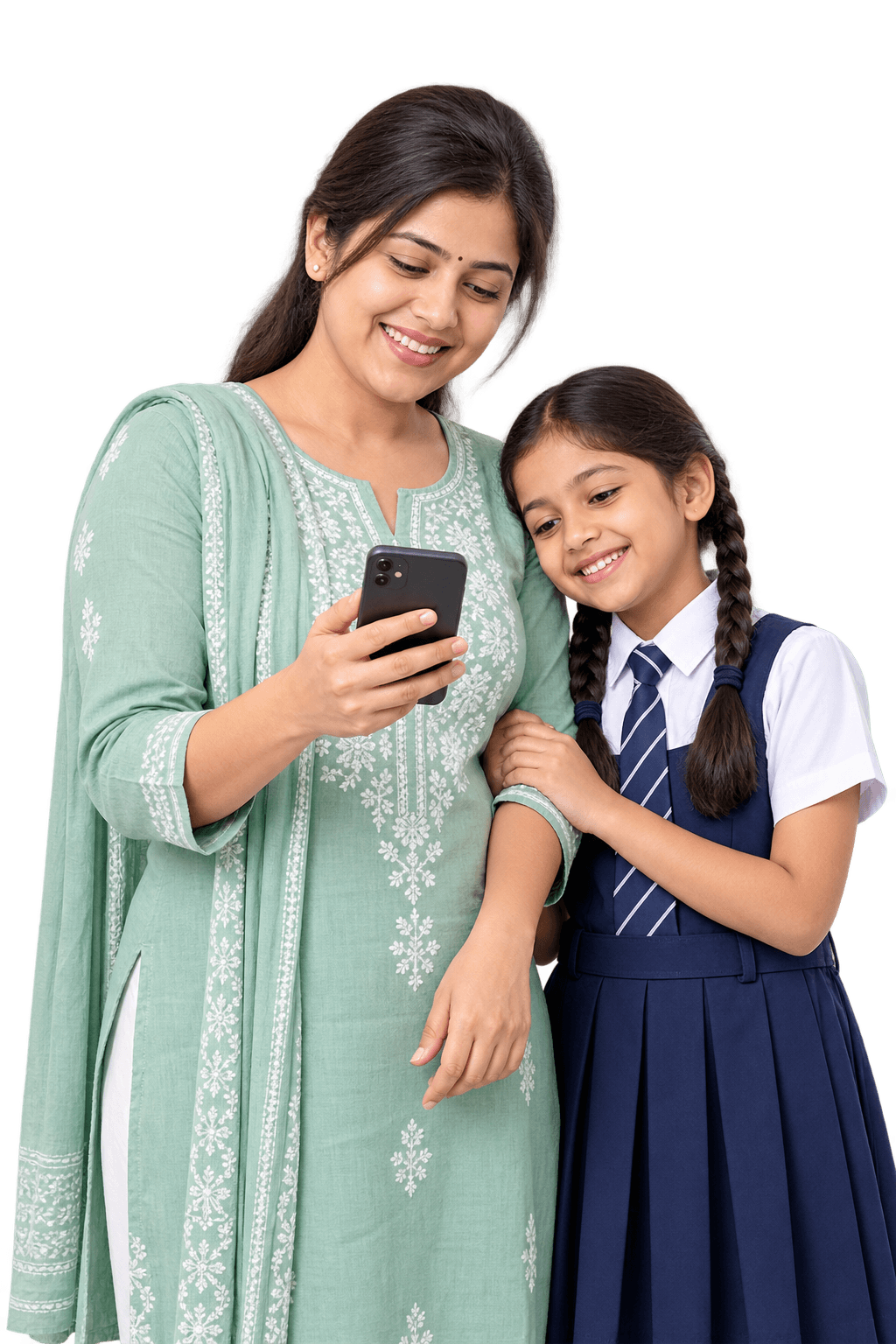 Mother in a mint kurta with her daughter in school uniform, both looking at the Inkwelly app on her phone