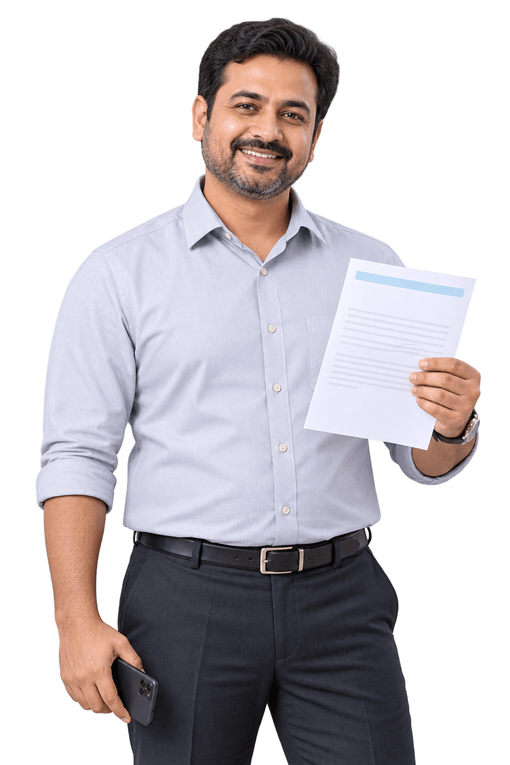 Father in an office shirt holding his son's bonafide certificate on the school's letterhead