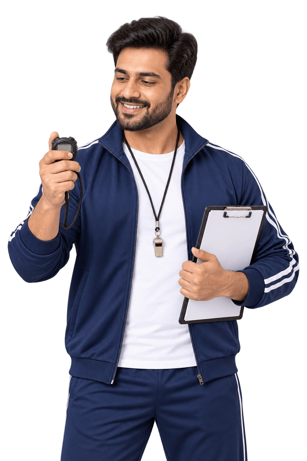 PE teacher in a navy track suit with a whistle round his neck, holding a stopwatch and a clipboard