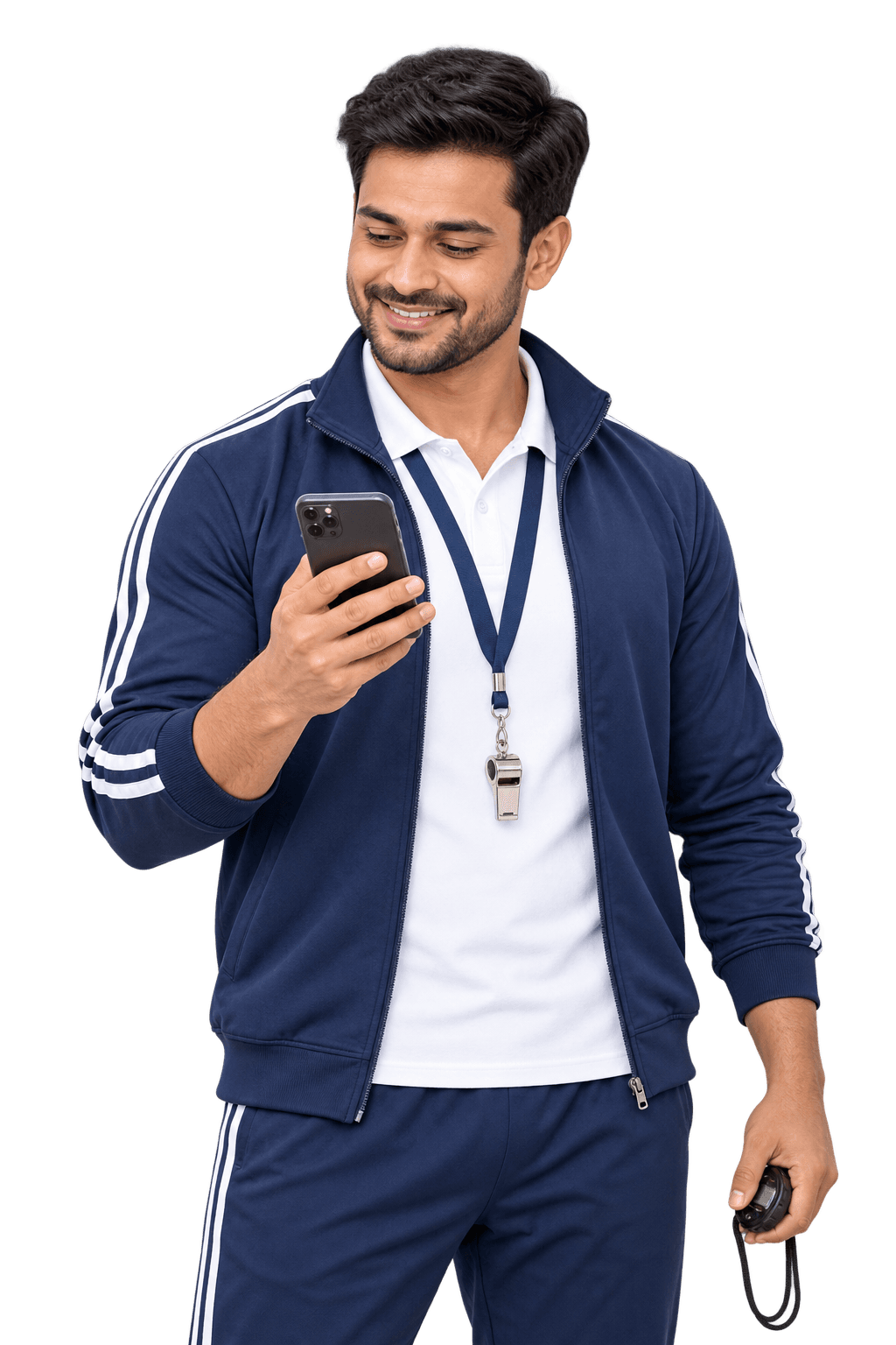 Sports teacher in a navy track jacket with a whistle, saving race results on his phone