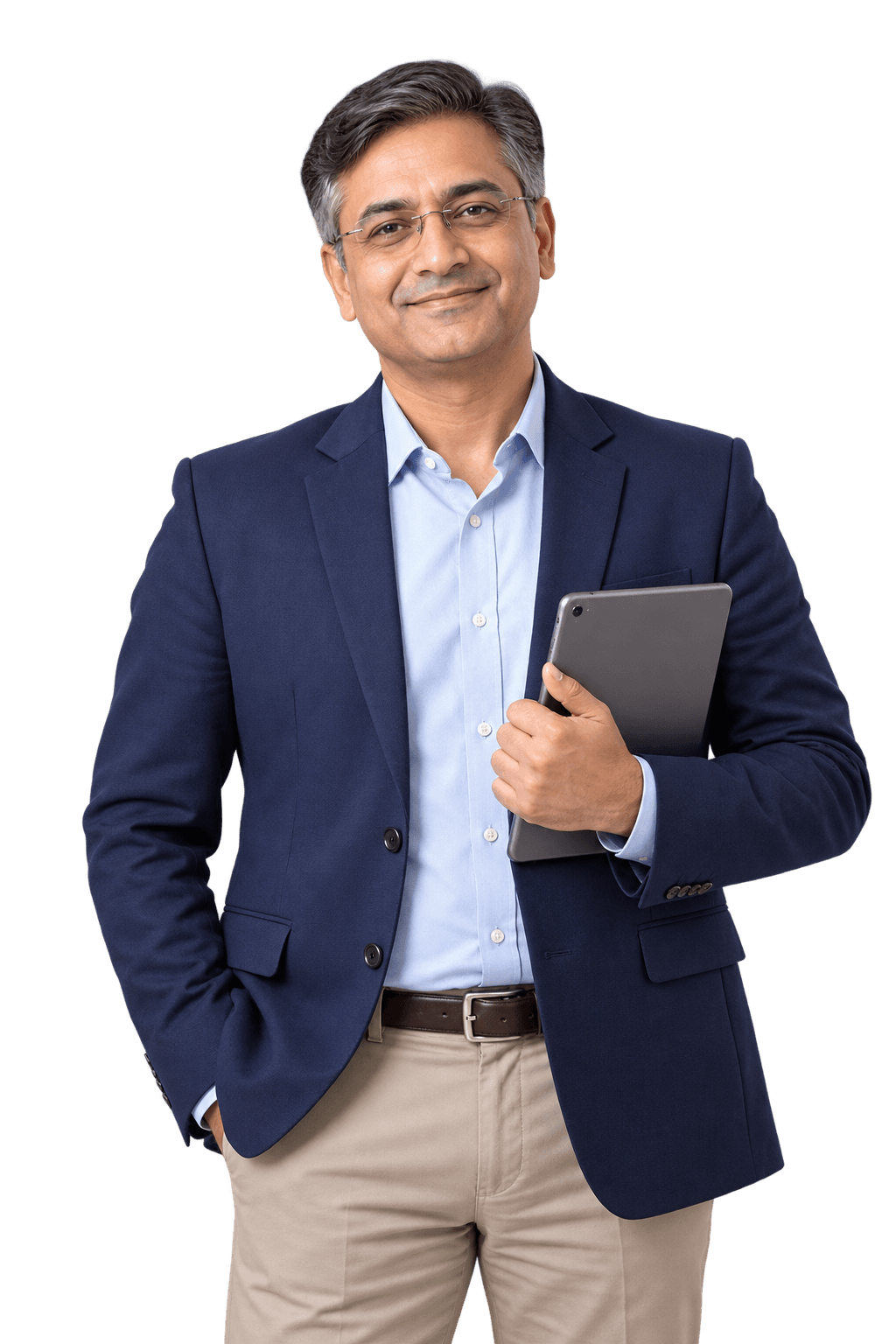 School principal in a navy blazer and rimless glasses, looking up from his tablet