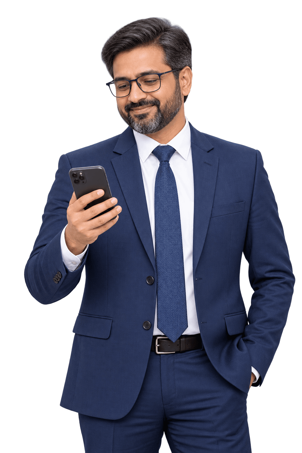 Navy suit में school principal, phone पर सुबह की attendance report देखकर मुस्कुराते हुए