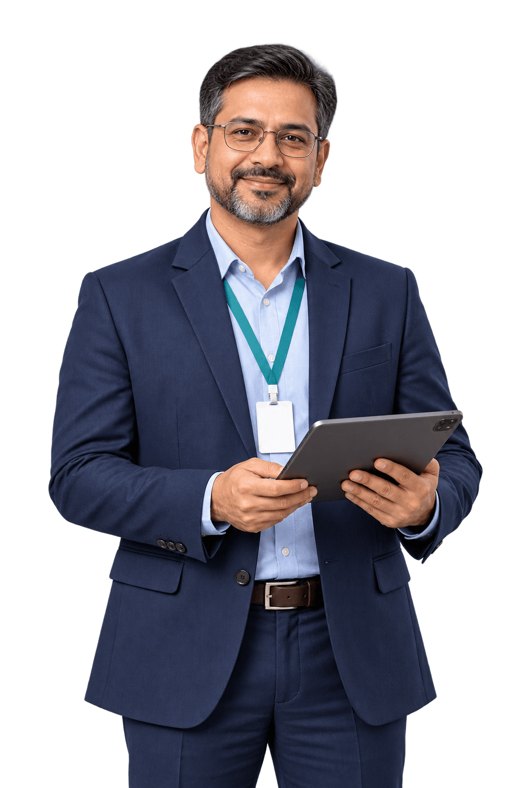 Principal in a navy blazer looking over the school's quiz analytics on a tablet