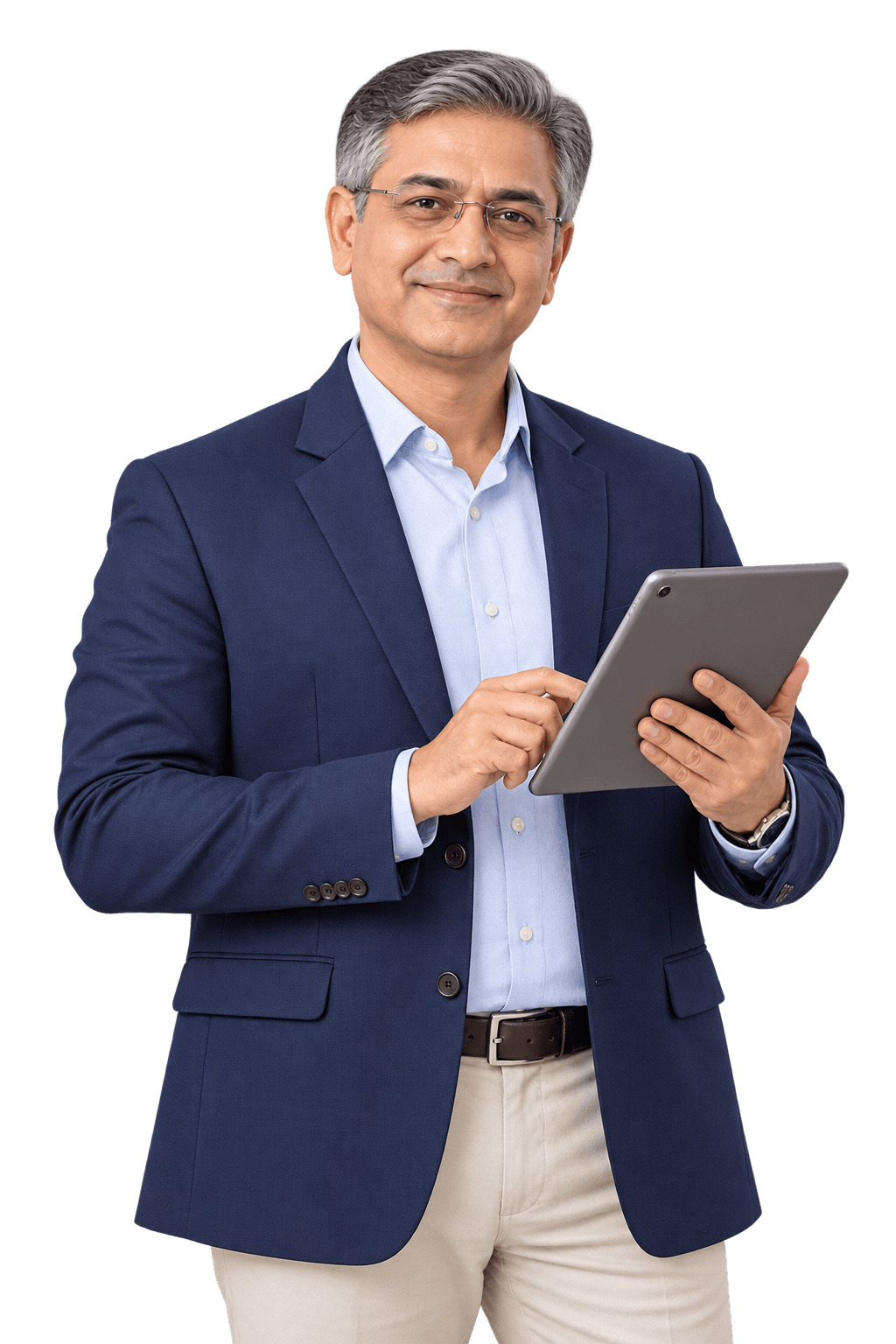 School principal in a navy blazer reading a letter on his tablet before approving it