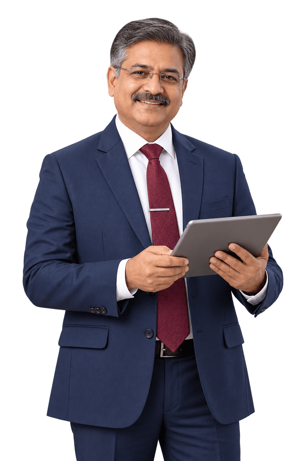 School principal in a navy suit, smiling, holding a tablet