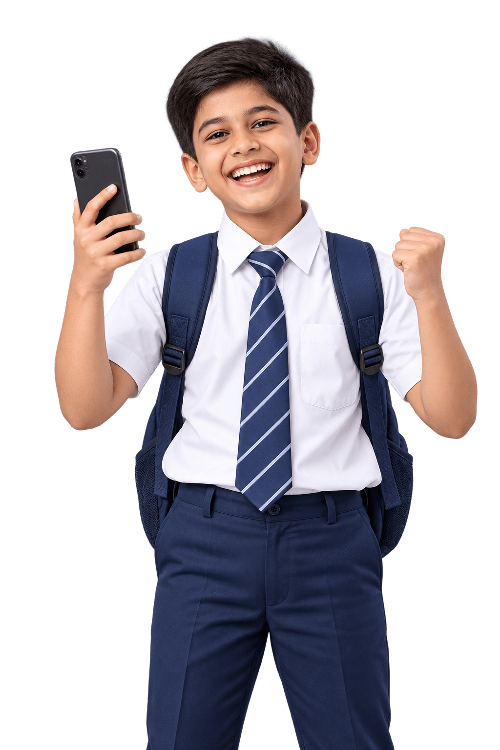 Grinning schoolboy in uniform with his school bag, holding up his phone after finishing a quiz