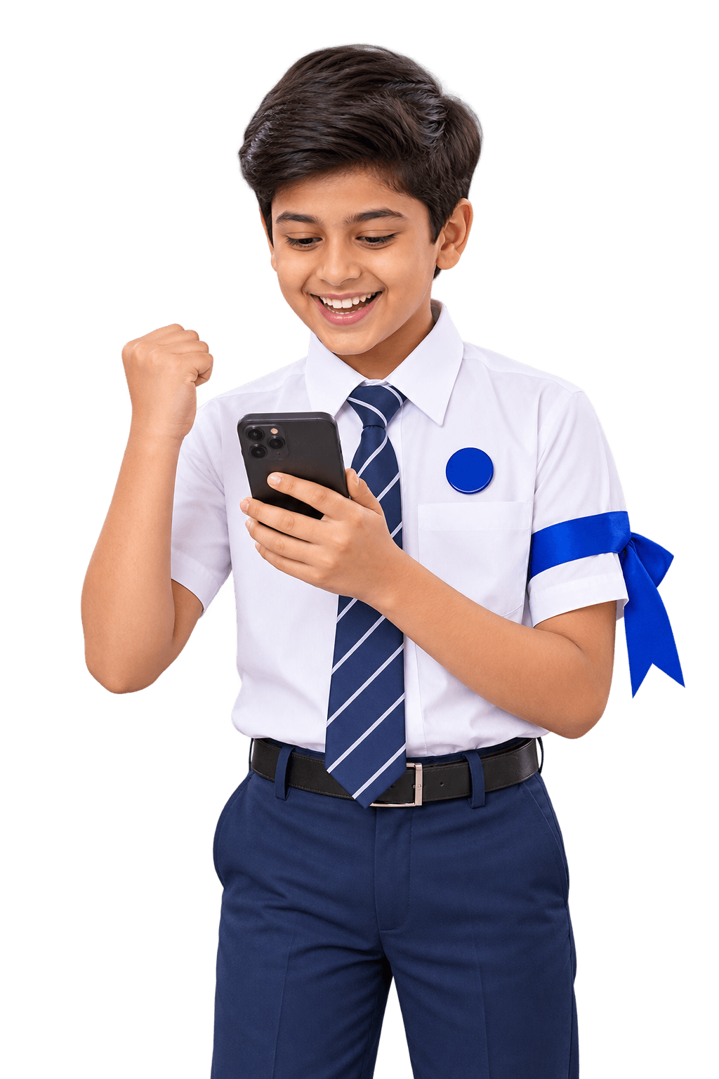 Smiling schoolboy in uniform with a blue house badge, looking at his house on a phone