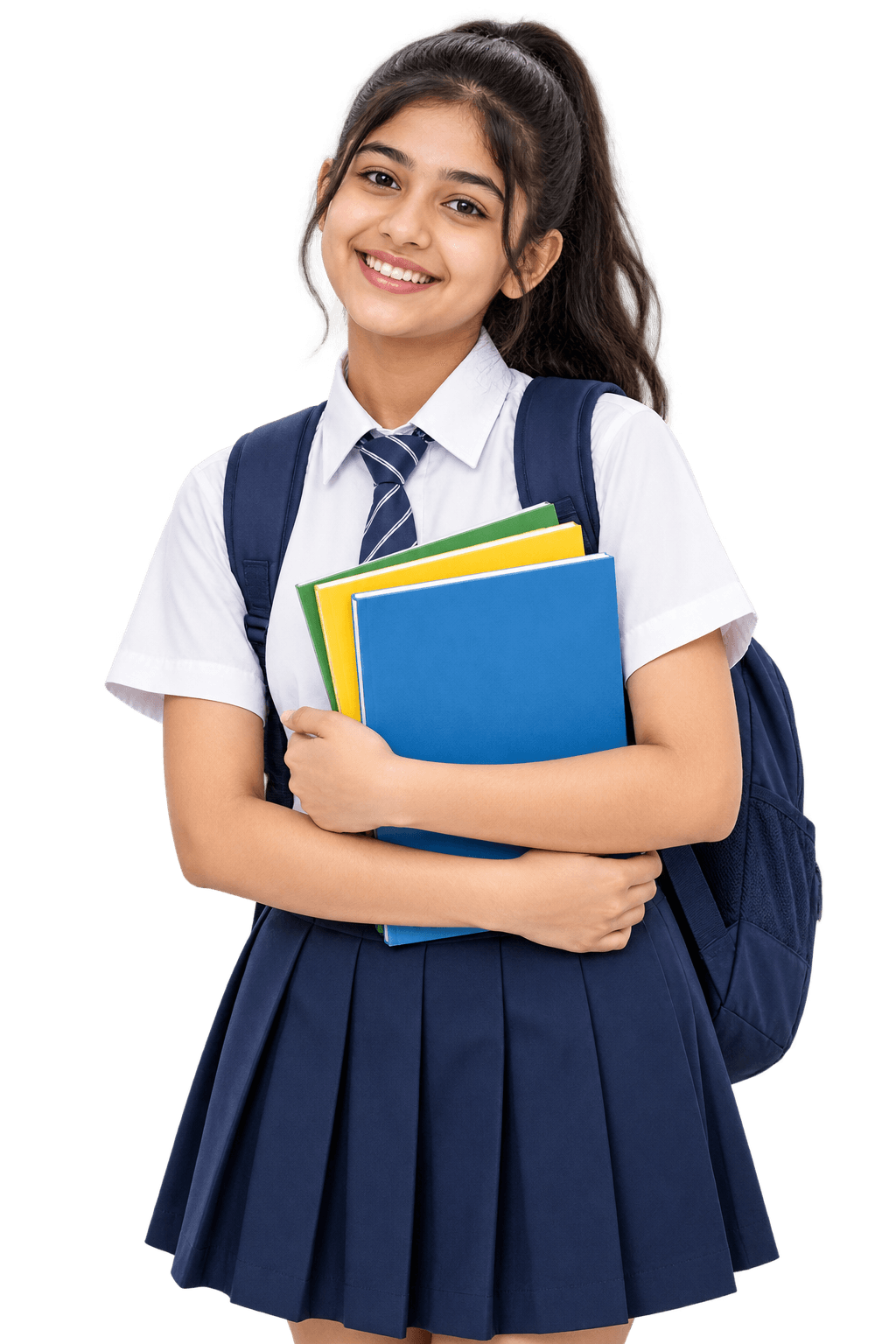 Smiling schoolgirl in uniform holding her notebooks