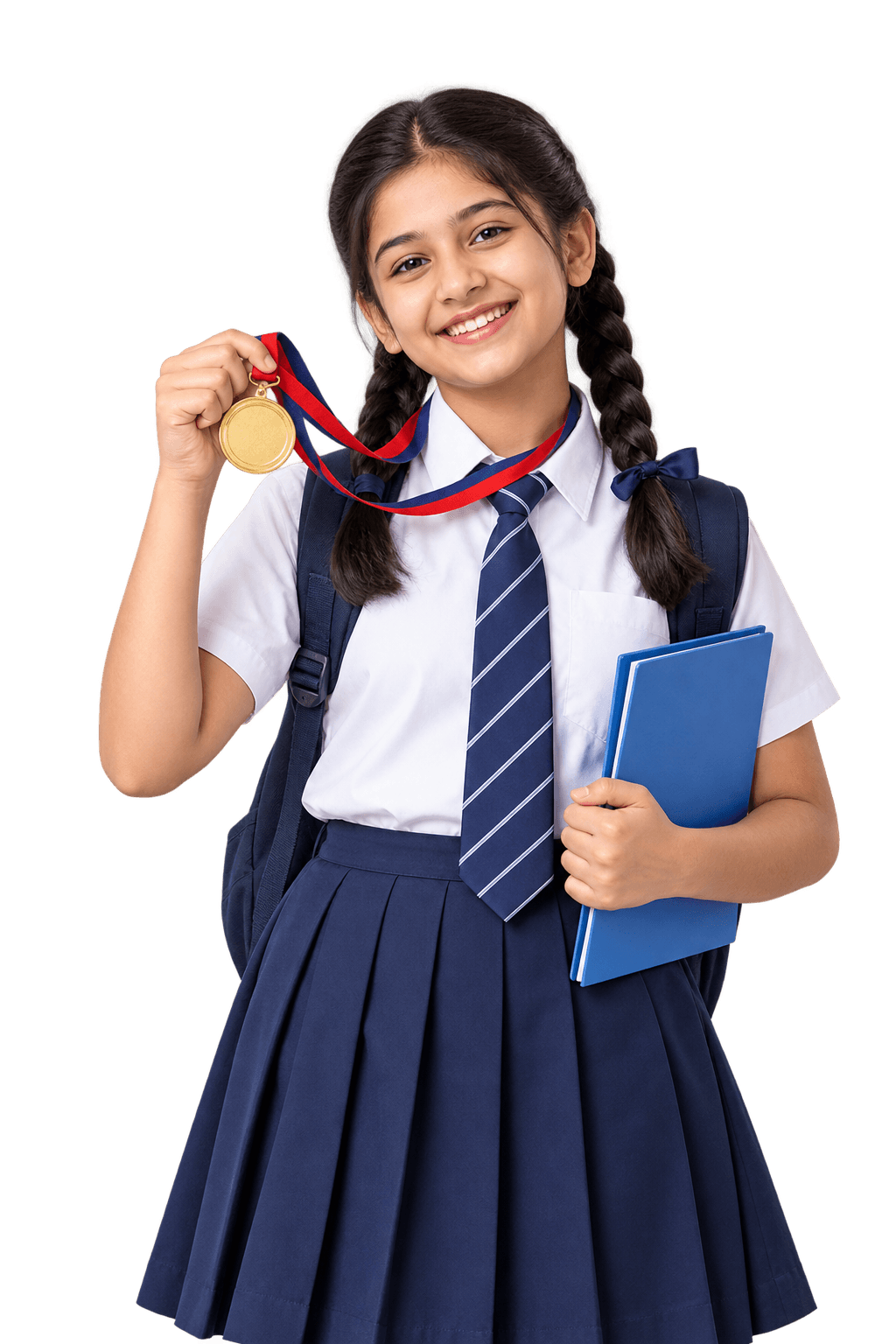 Smiling schoolgirl in uniform holding up a gold medal on a ribbon