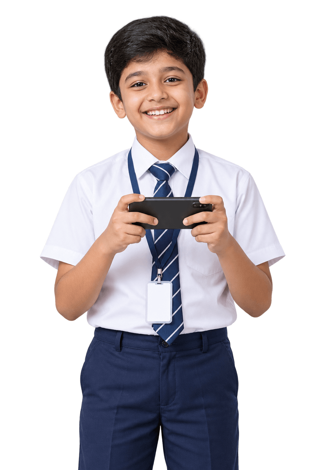 School uniform में खिलखिलाता Class 6 का लड़का, game जीतकर दोनों हाथों में phone आड़ा पकड़े हुए