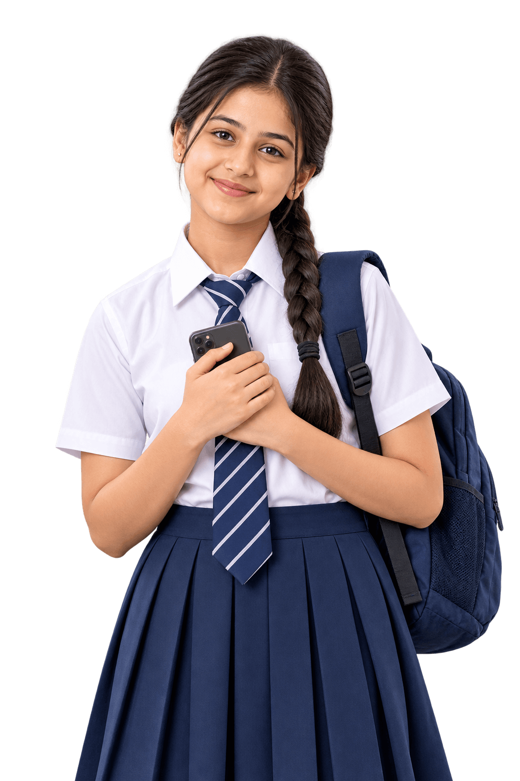 Schoolgirl in a navy uniform holding her phone close to her chest, looking quietly reassured