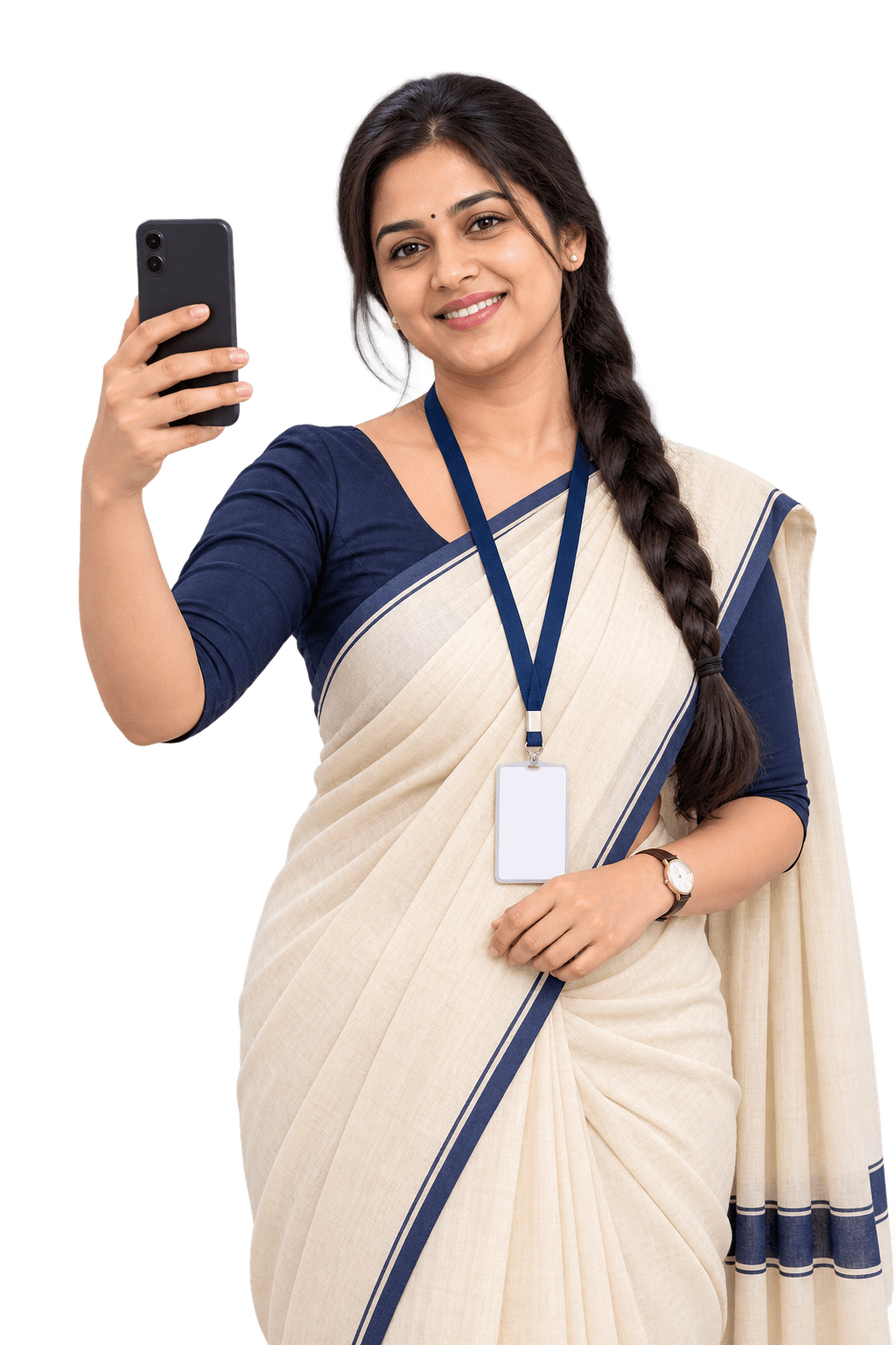 Teacher in a cream saree with a staff ID lanyard, holding up her phone to scan a sign-in code