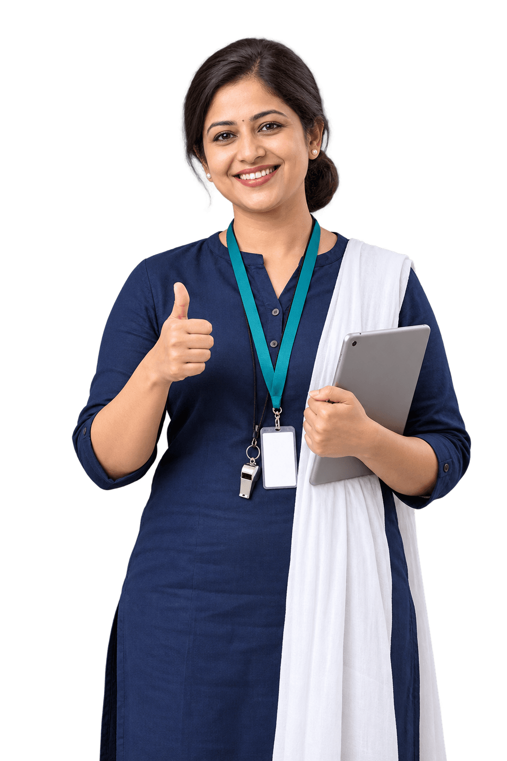 Smiling woman activity in-charge in a navy kurta and white dupatta with a staff ID lanyard and a whistle, holding a tablet and giving a thumbs-up