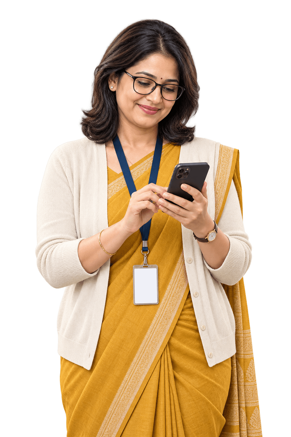 Class teacher with glasses in a mustard saree, typing a note on her phone