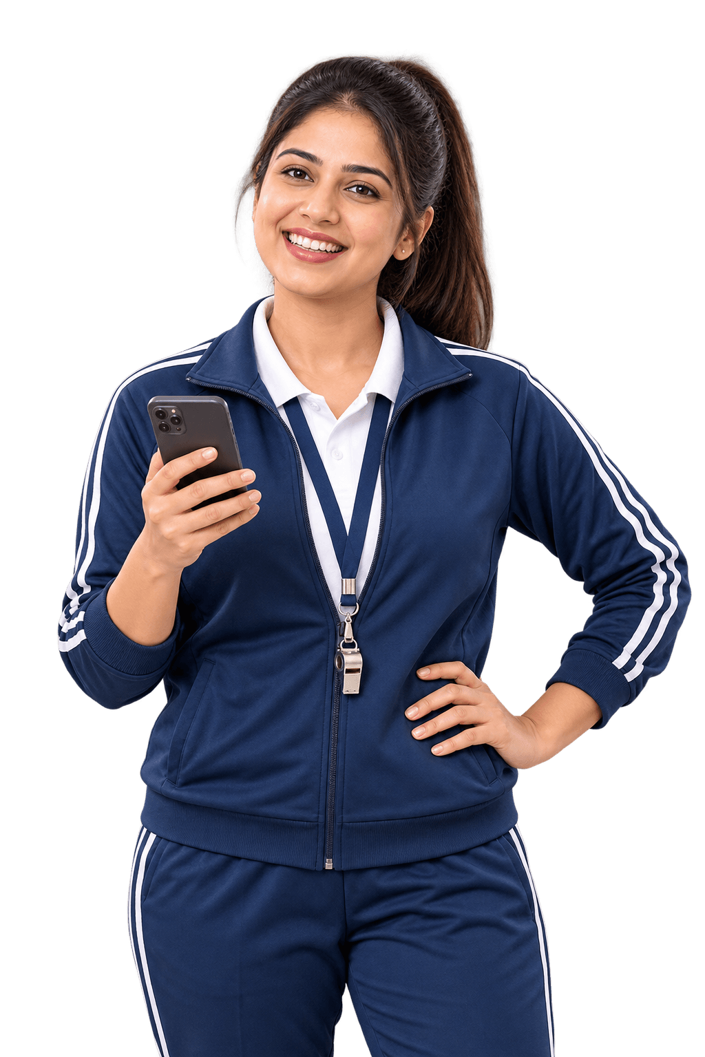 Smiling PE teacher in a navy track jacket with a whistle, recording a result on her phone at the sports ground