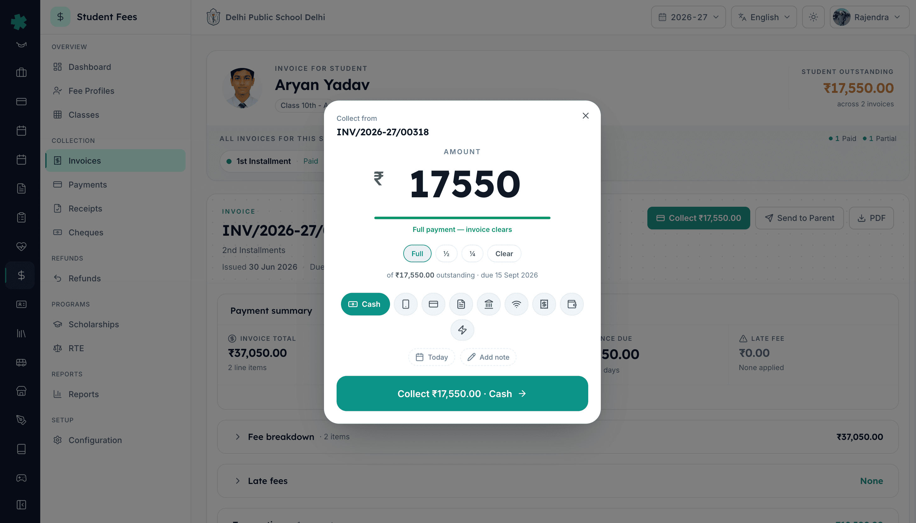 Collect payment screen in Inkwelly admin