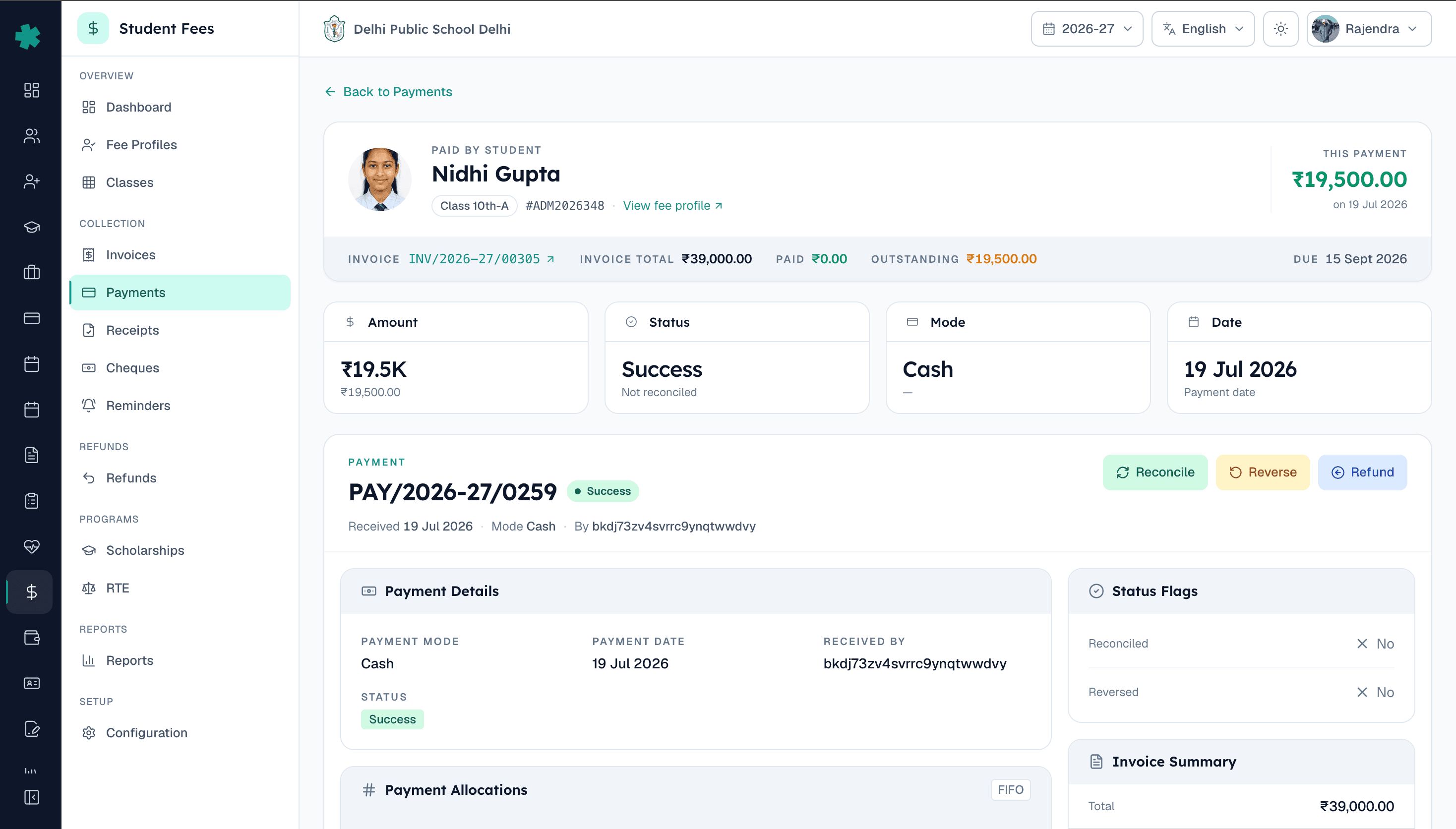 Payment detail in Inkwelly admin with reconcile, reverse and refund actions