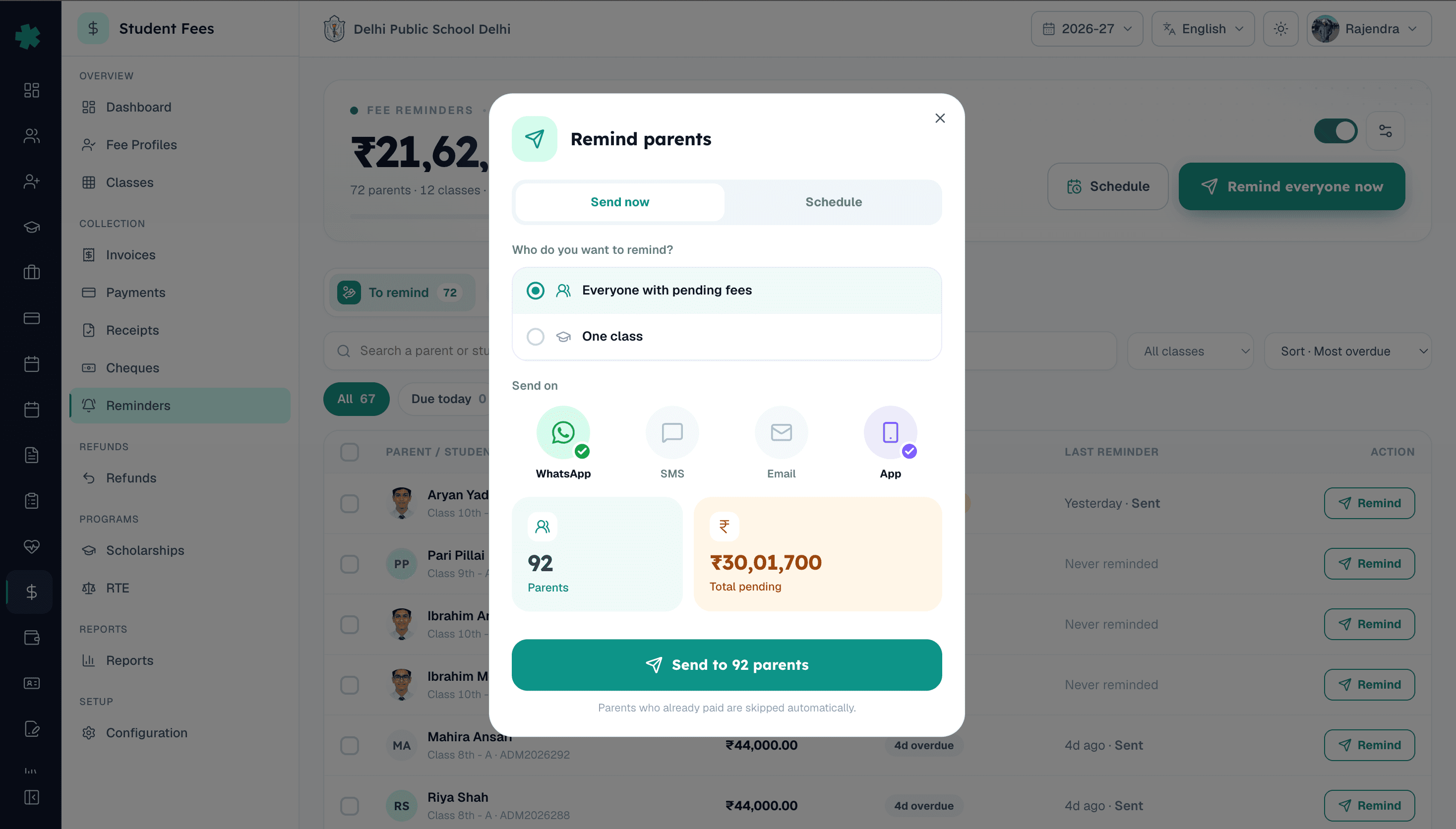 Bulk fee reminder in Inkwelly admin showing parent count, total pending and channel selection