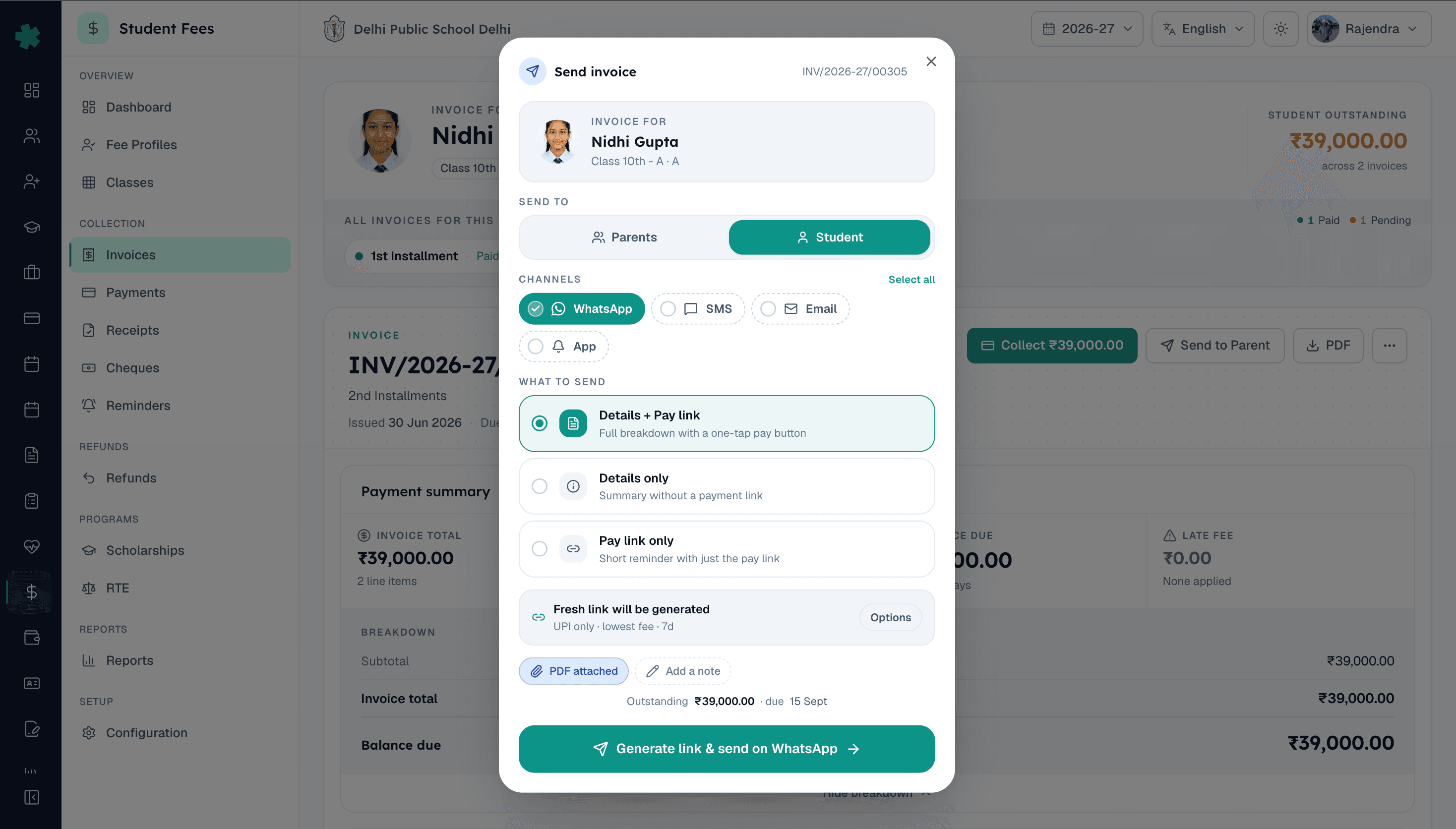 Send invoice dialog in Inkwelly admin with WhatsApp channel and pay link options