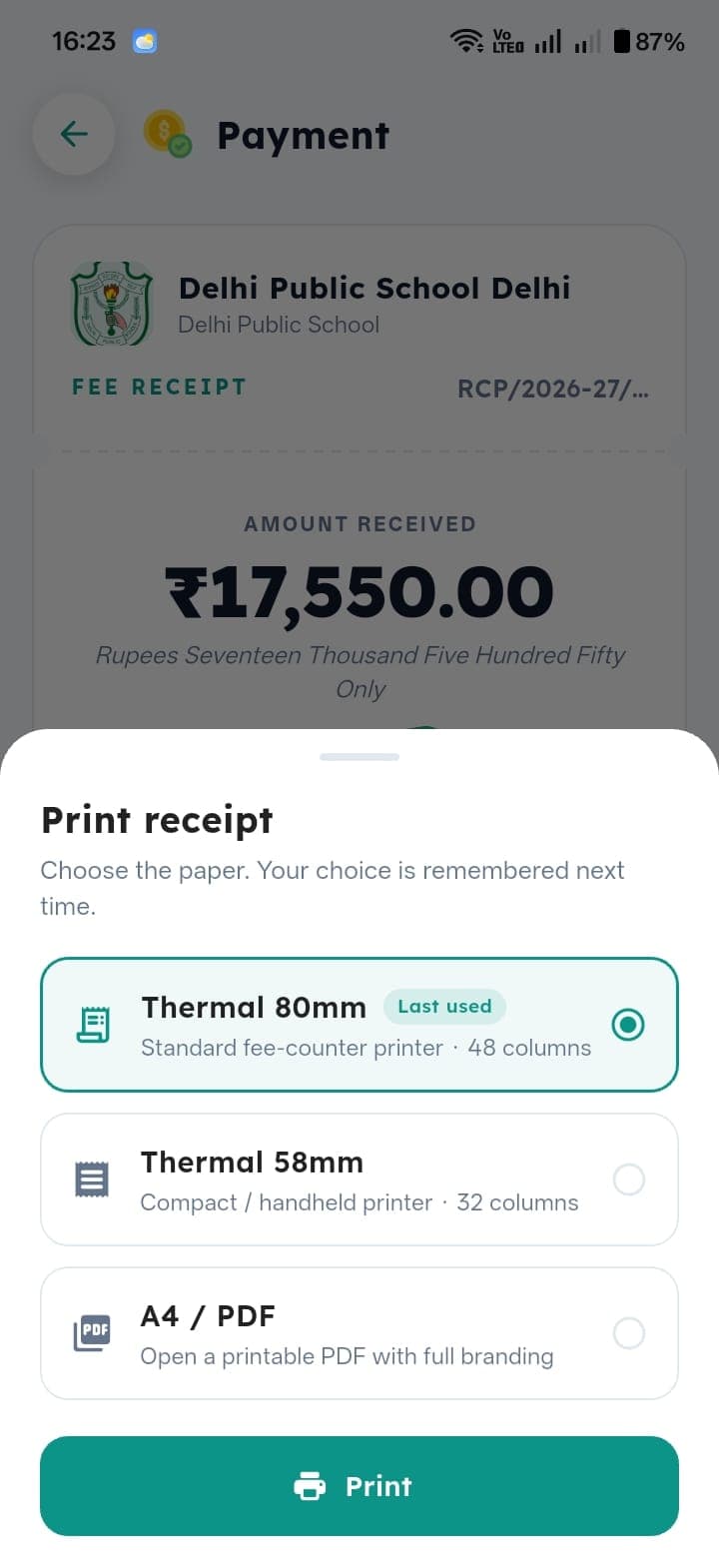 Printing a fee receipt as thermal 80mm, 58mm or A4 PDF