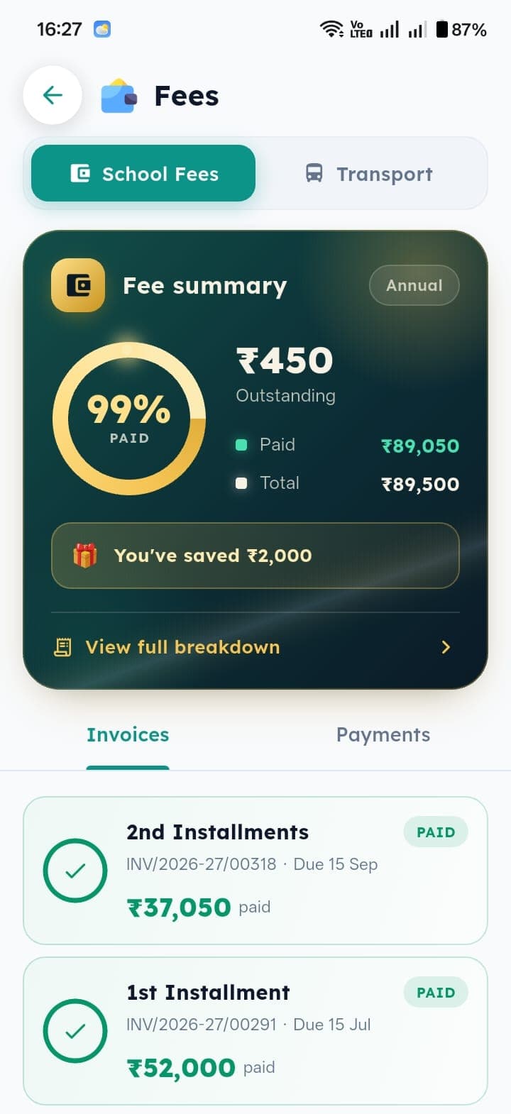 Paid invoices and fee history in the Inkwelly parent app