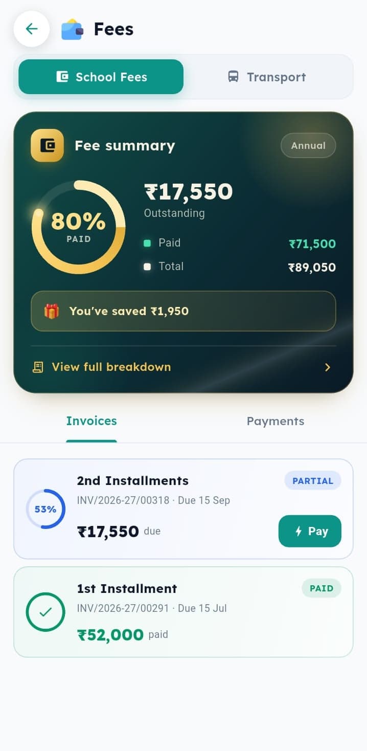 Fees due in the Inkwelly parent app