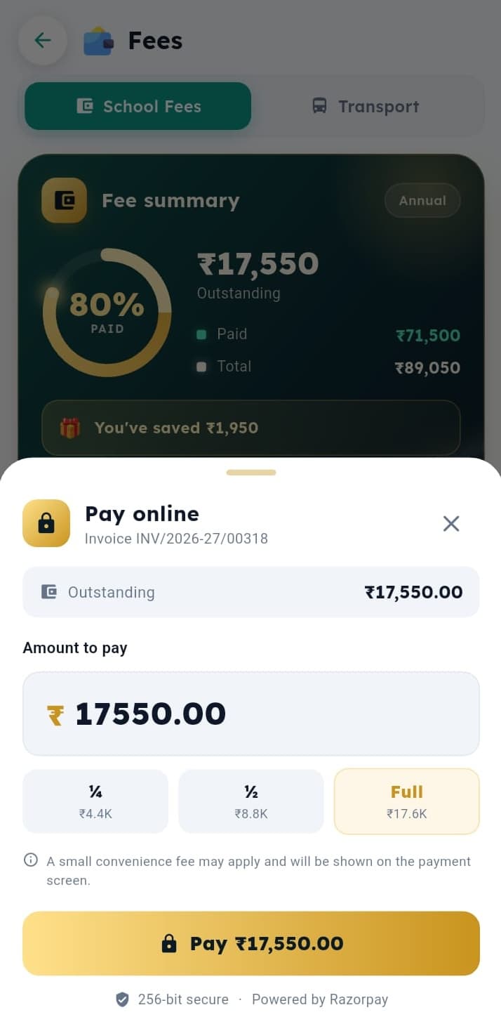Pay screen in the Inkwelly parent app
