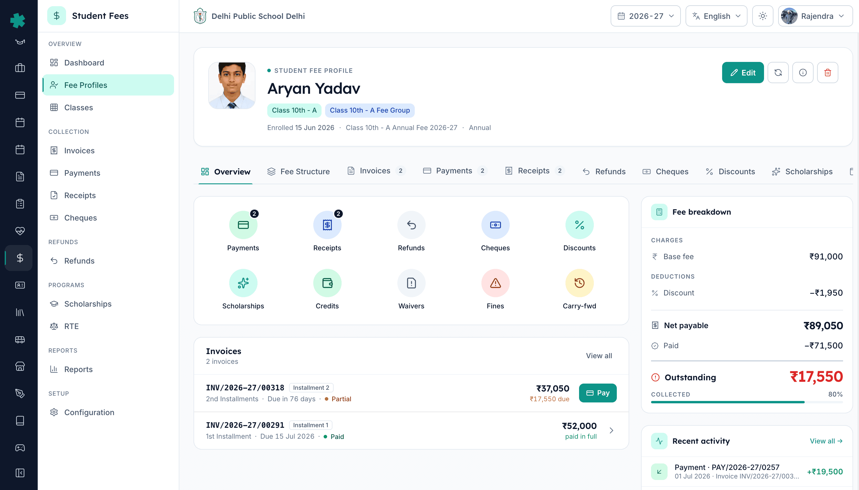 A student's fee profile in the Inkwelly admin dashboard