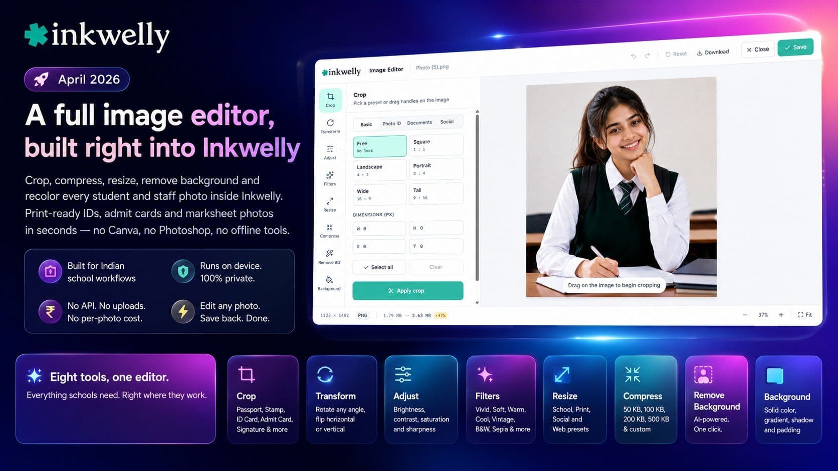 Image Editor Built into Inkwelly for School Photos