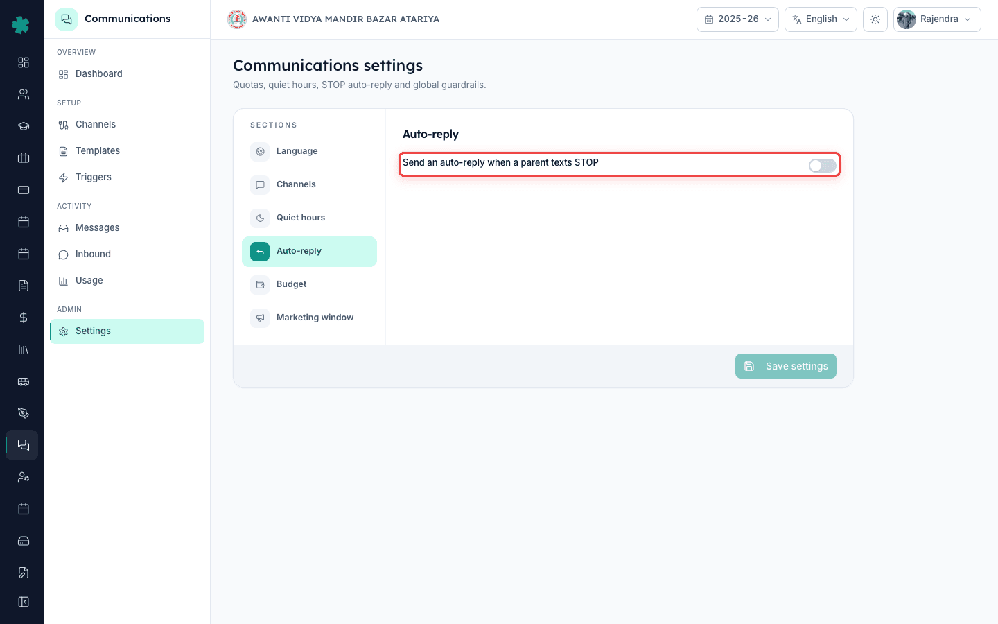 Auto-reply panel showing the master toggle and the acknowledgement wording fields