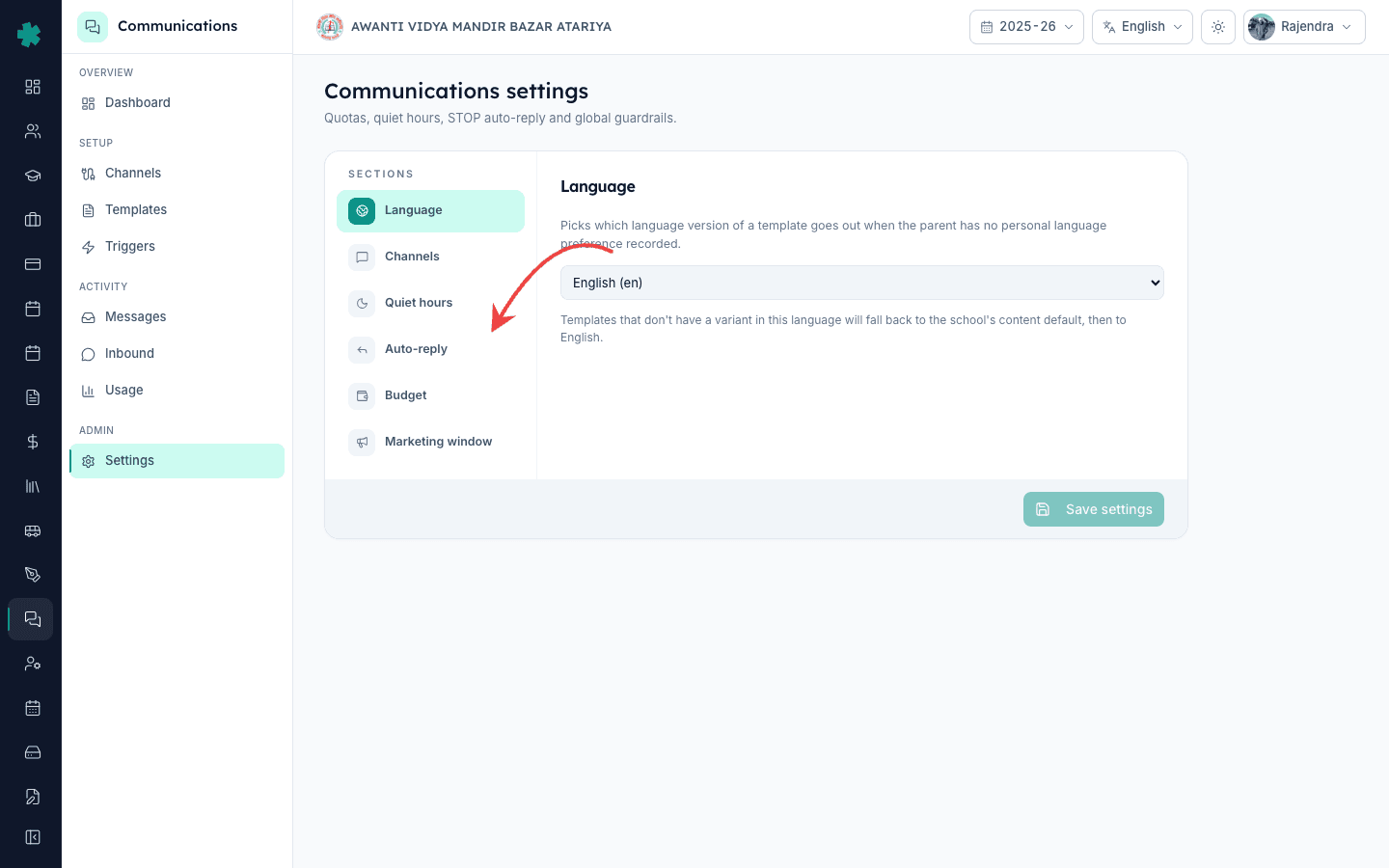 Click the Auto-reply item in the right Sections column on the Settings page