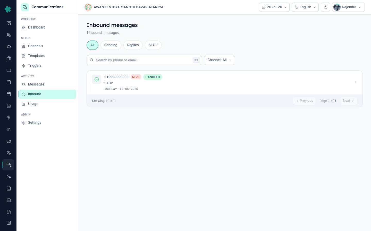 Inbound messages page in Inkwelly with the STOP filter pill ready to show HANDLED rows