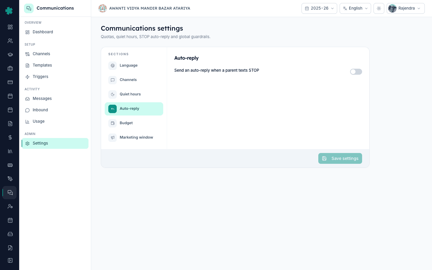 Inkwelly Communications Settings page showing the Auto-reply section for STOP handling