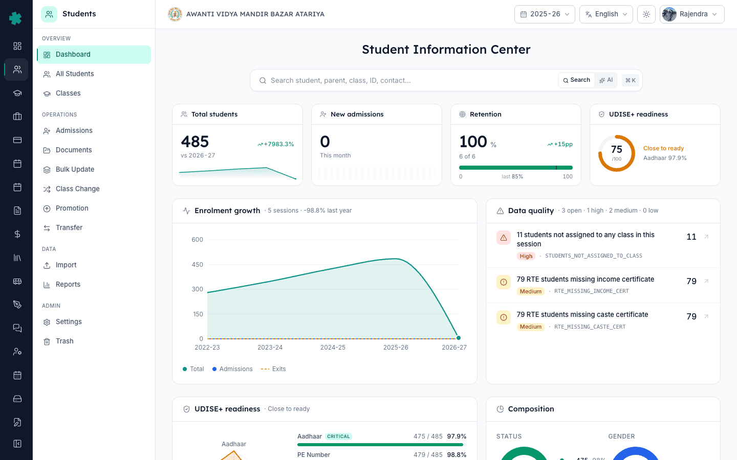 Open the Students module from the left sidebar to bulk-edit phone numbers and fix unreachable parents