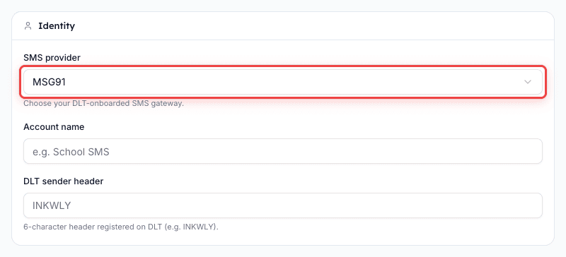 Pick MSG91 or Fast2SMS from the SMS provider dropdown in the Identity section of the Connect SMS form