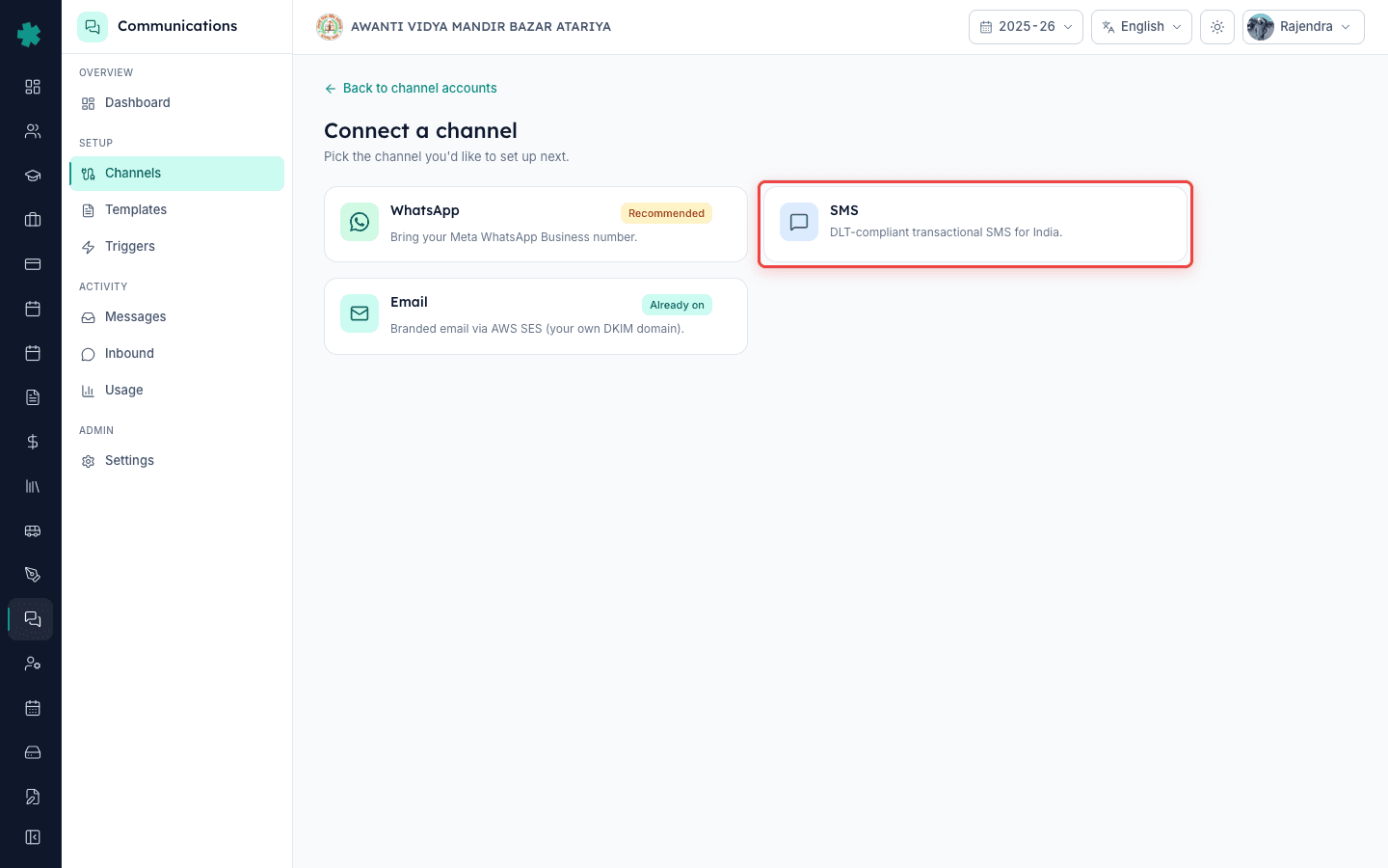 Pick SMS from the Connect a channel picker on Inkwelly to add a DLT-compliant transactional sender